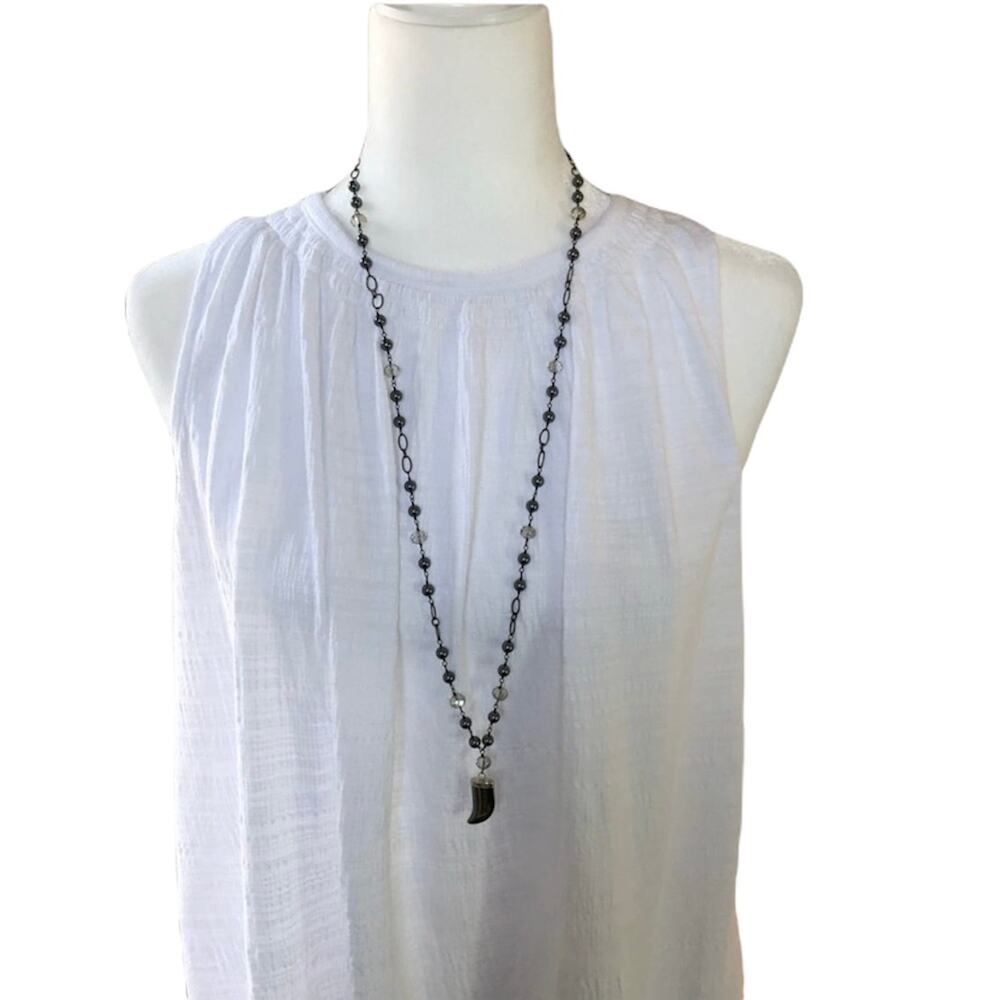 Hematite and Crystal Horn Pendant Chain Link Necklace